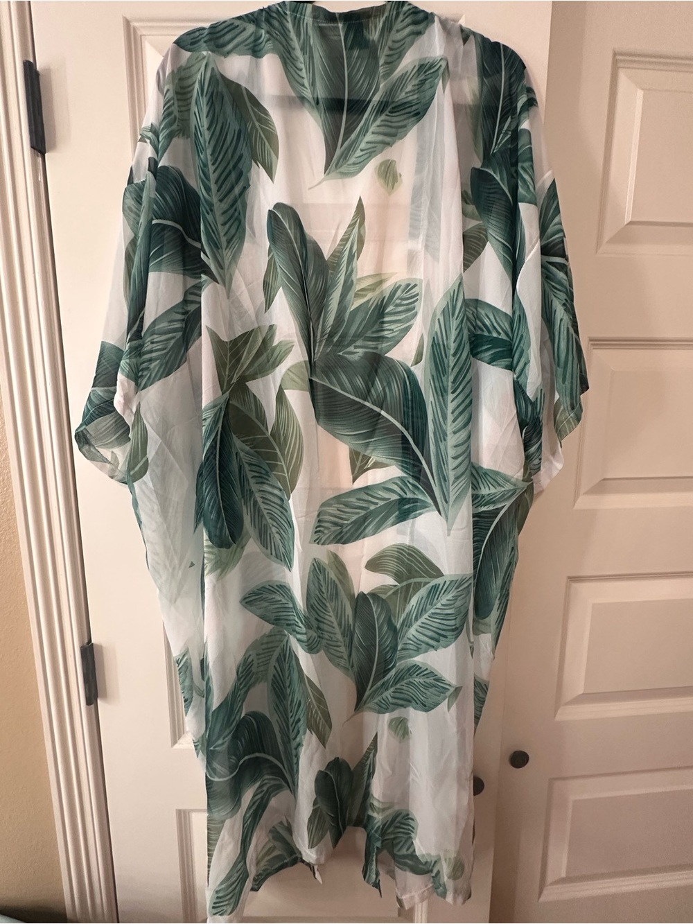 Linda Anderson Tropical Leaf Green & White Long Sheer Swim Coverup - Picture 4 of 6
